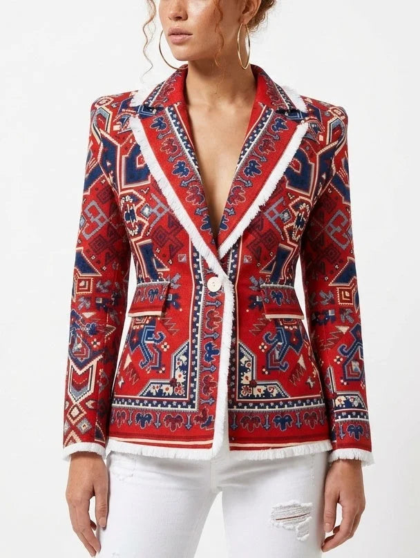 Red Geometric Print Single-Breasted Blazer with Fringe Trim - Jackets