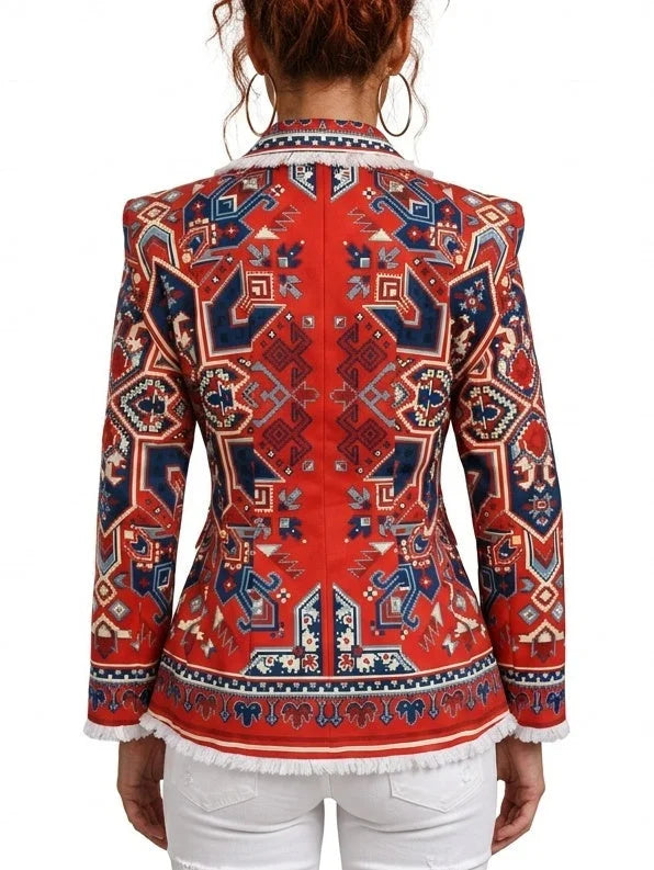 Red Geometric Print Single-Breasted Blazer with Fringe Trim - Jackets