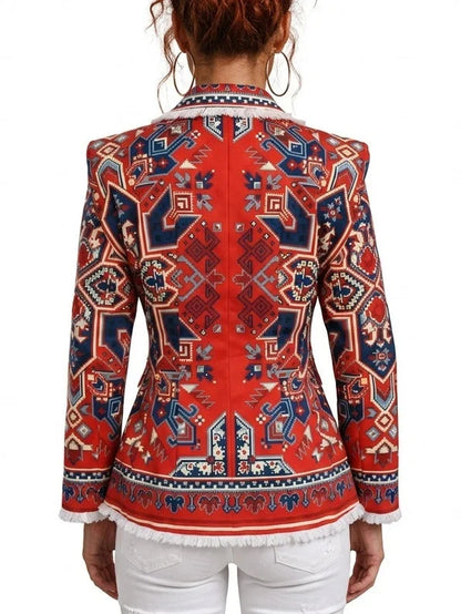 Red Geometric Print Single-Breasted Blazer with Fringe Trim - Jackets