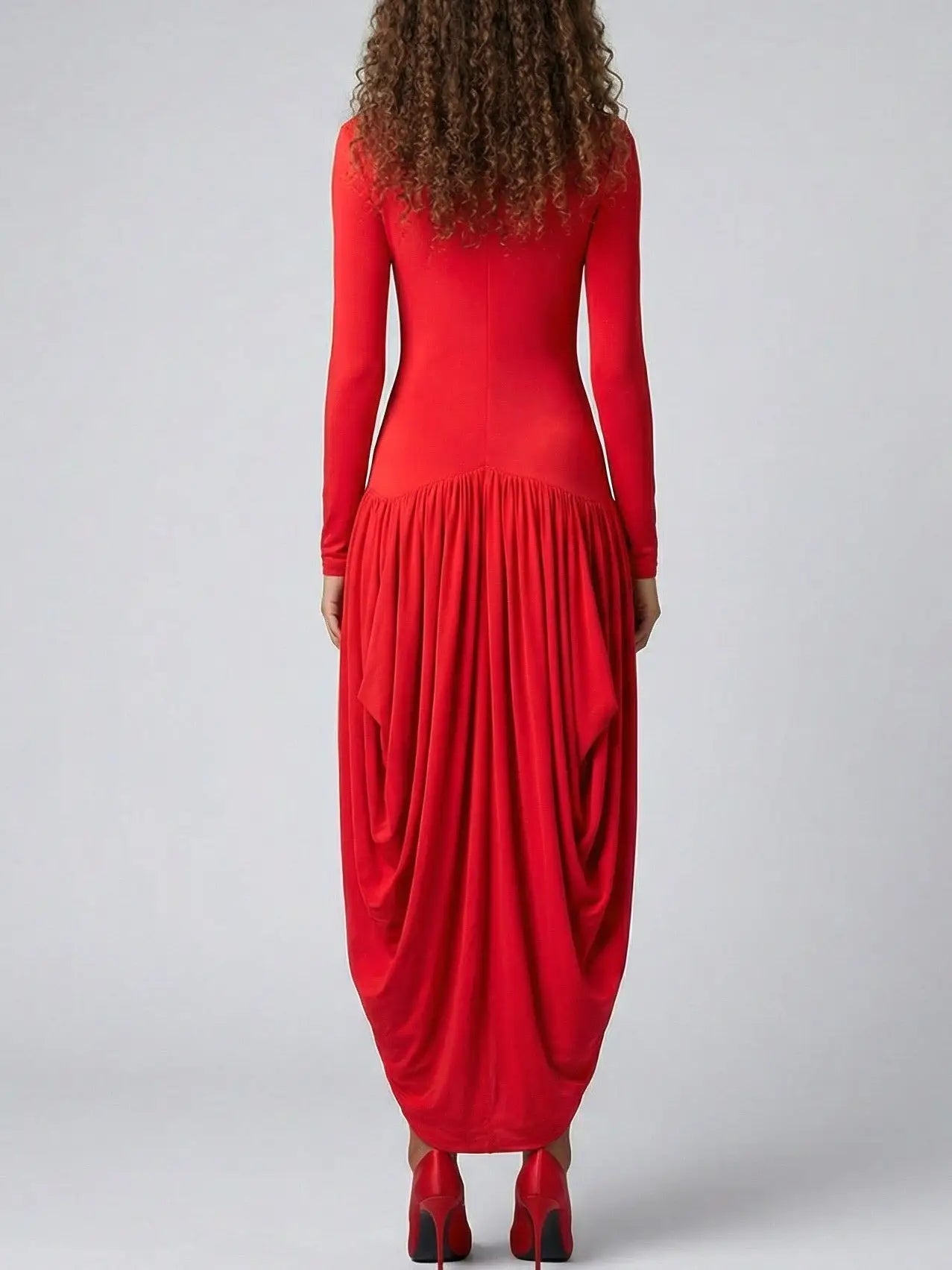 Red High-Neck Draped Midi Dress - Dresses