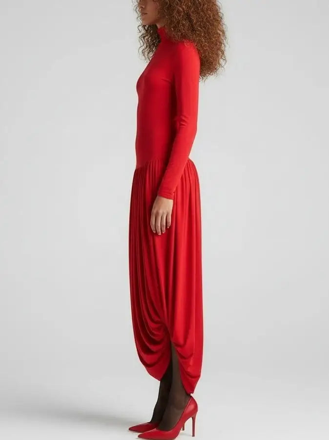 Red High-Neck Draped Midi Dress - Dresses