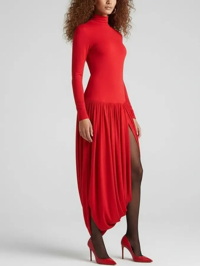 Red High-Neck Draped Midi Dress - Dresses
