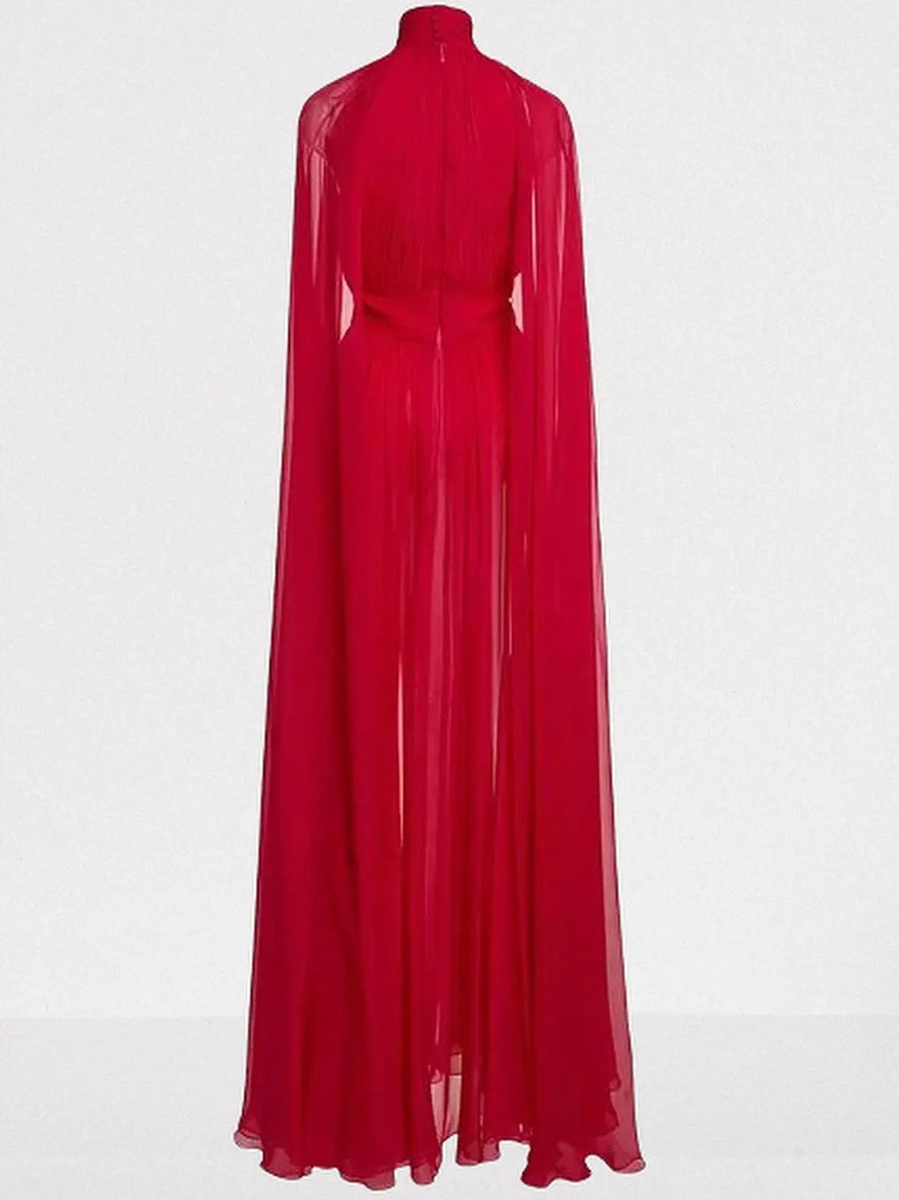 Red High-Neck Pleated Chiffon Cape Gown - Dresses