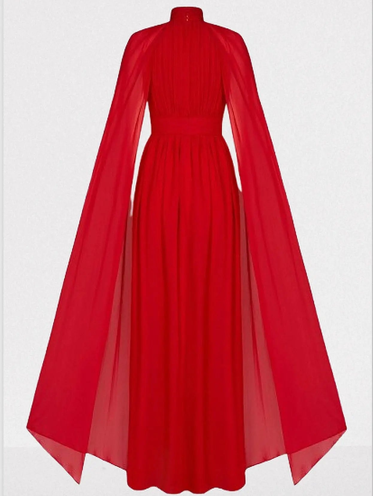Red High-Neck Pleated Chiffon Cape Gown - Dresses