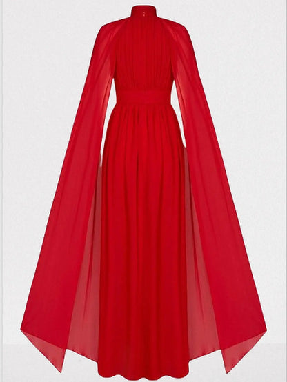 Red High-Neck Pleated Chiffon Cape Gown - Dresses