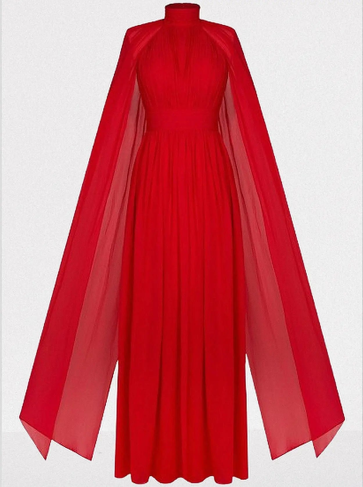 Red High-Neck Pleated Chiffon Cape Gown - Dresses