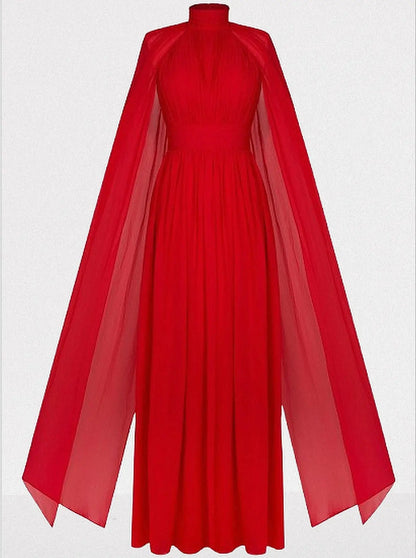 Red High-Neck Pleated Chiffon Cape Gown - Dresses