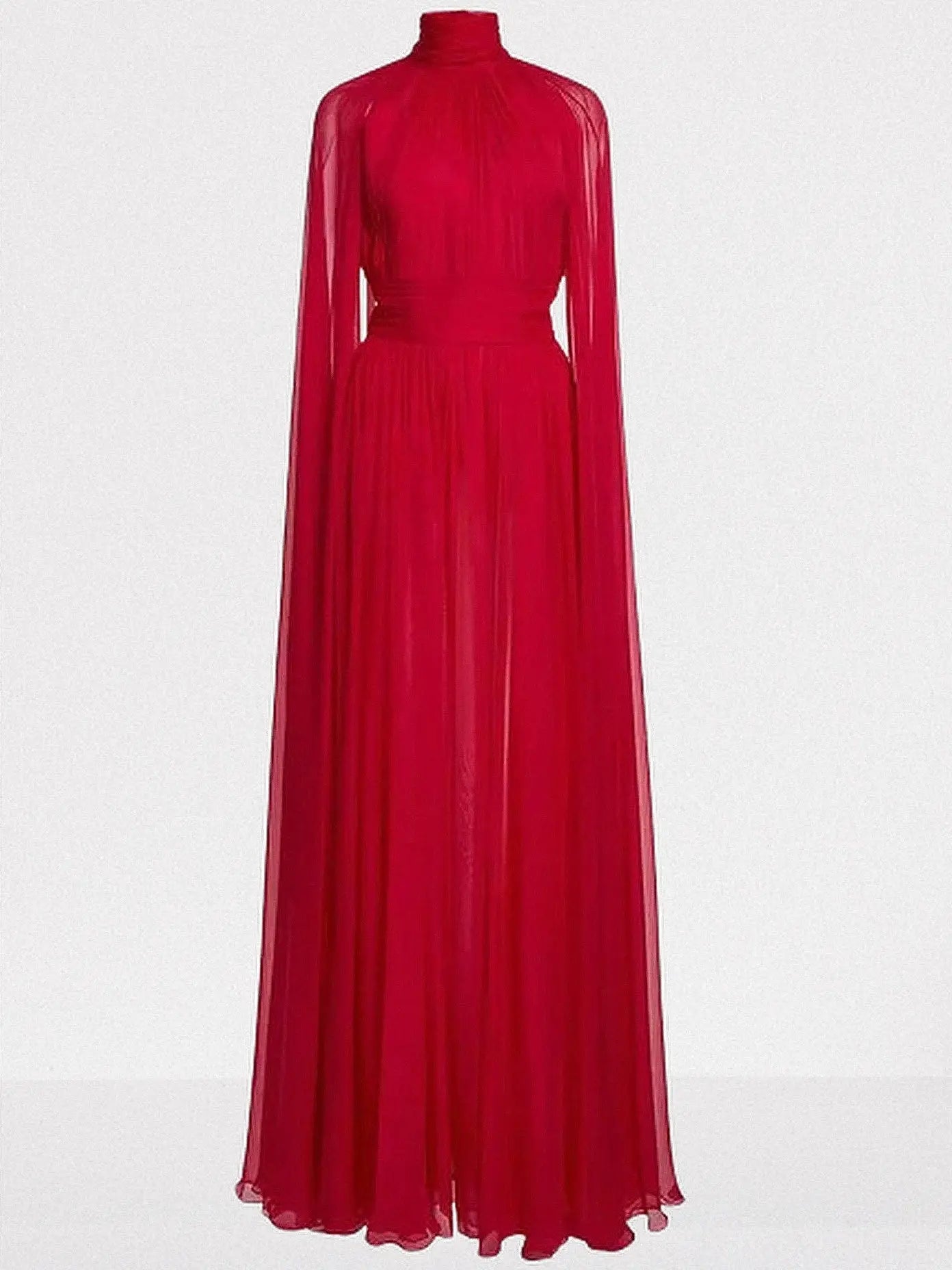 Red High-Neck Pleated Chiffon Cape Gown - Dresses