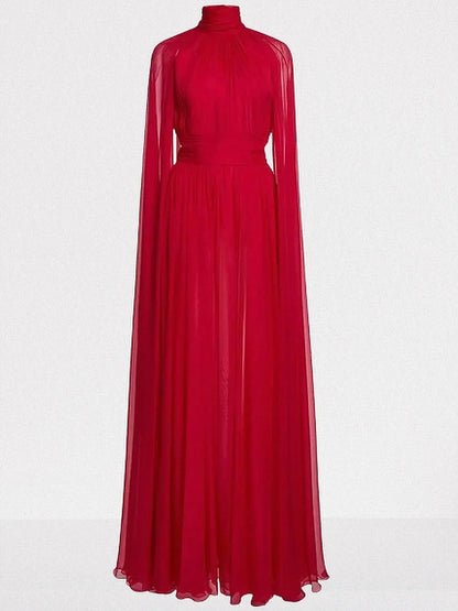 Red High-Neck Pleated Chiffon Cape Gown - Dresses