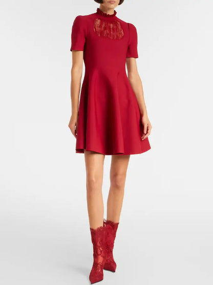 Red Lace-Panel Fit & Flare Mini Dress - Dresses