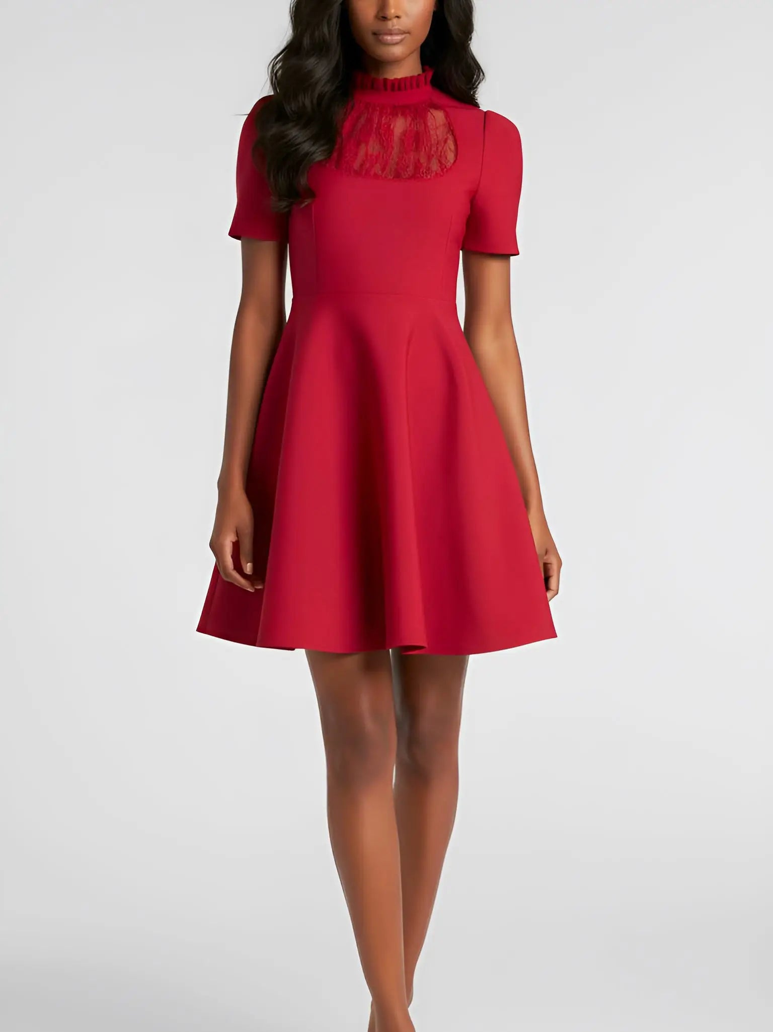Red Lace-Panel Fit & Flare Mini Dress - Dresses