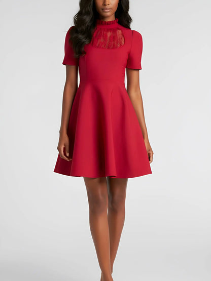 Red Lace-Panel Fit & Flare Mini Dress - Dresses