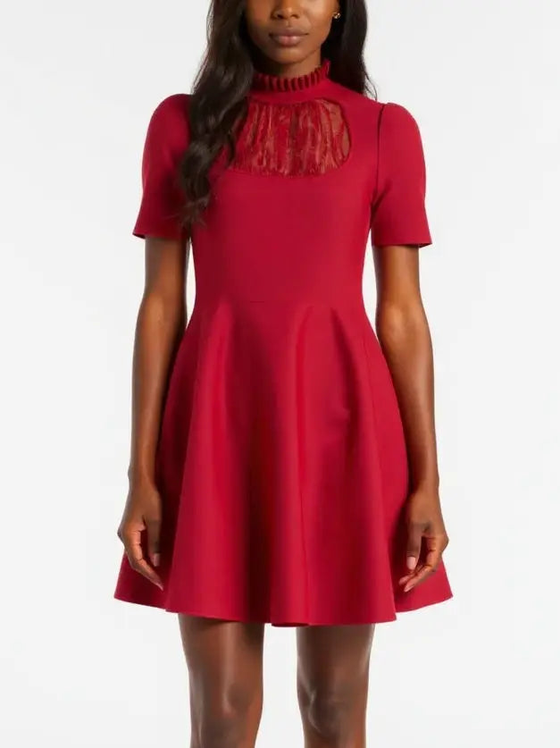 Red Lace-Panel Fit & Flare Mini Dress - Dresses