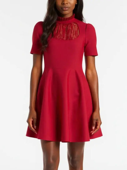 Red Lace-Panel Fit & Flare Mini Dress - Dresses