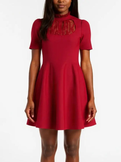 Red Lace-Panel Fit & Flare Mini Dress - Dresses