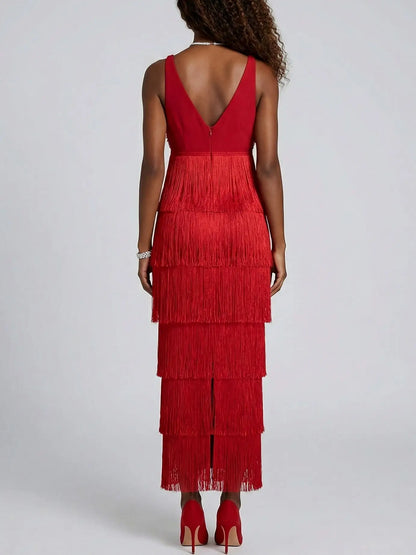 Red Lace Fringe Tiered Midi Dress - Dresses