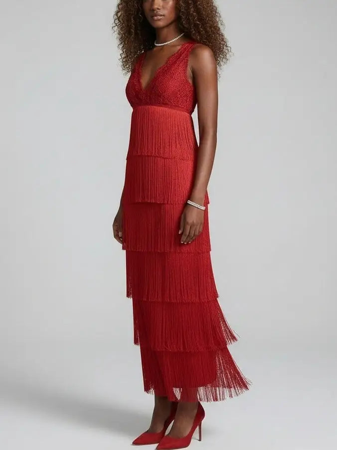 Red Lace Fringe Tiered Midi Dress - Dresses