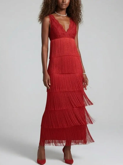 Red Lace Fringe Tiered Midi Dress - Dresses