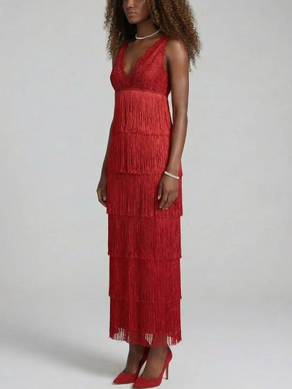 Red Lace Fringe Tiered Midi Dress - Dresses