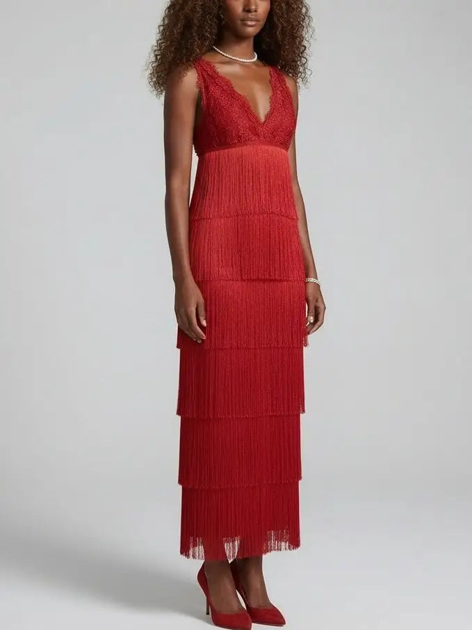 Red Lace Fringe Tiered Midi Dress - Dresses
