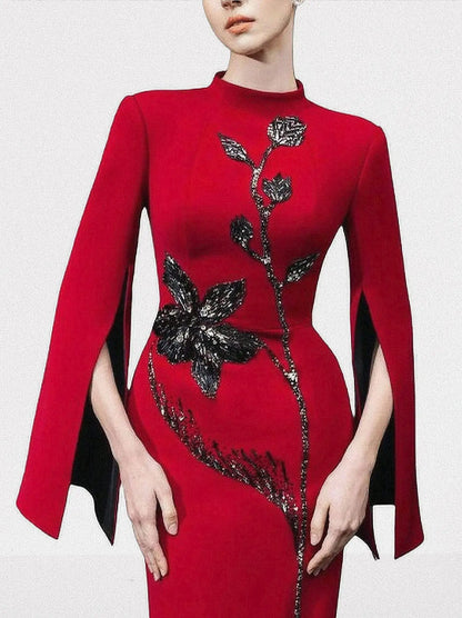 Red Long-Sleeve Gown with Black Floral Beadwork - Dresses