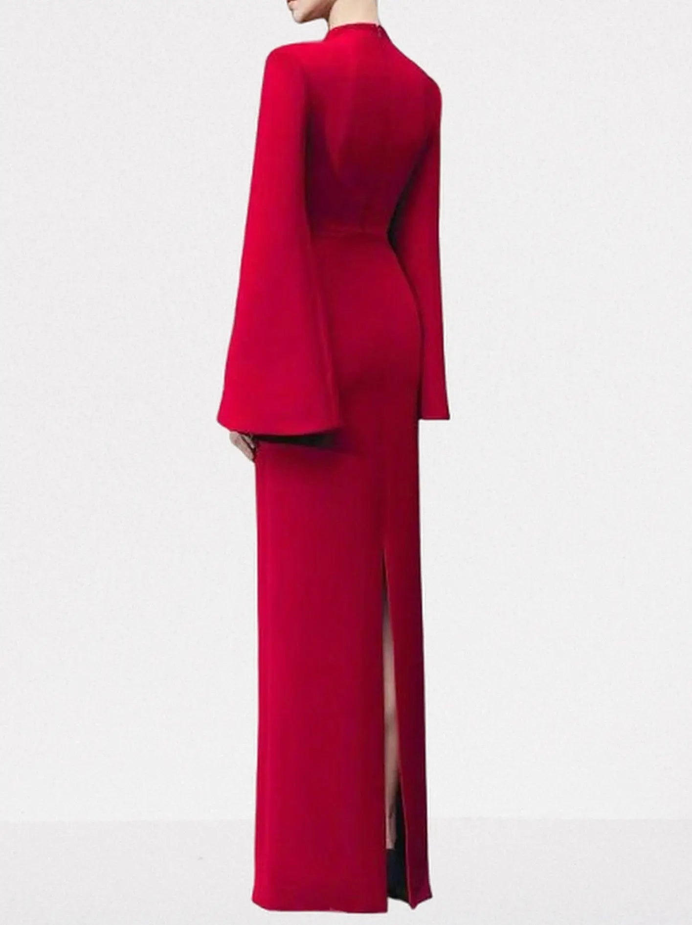 Red Long-Sleeve Gown with Black Floral Beadwork - Dresses