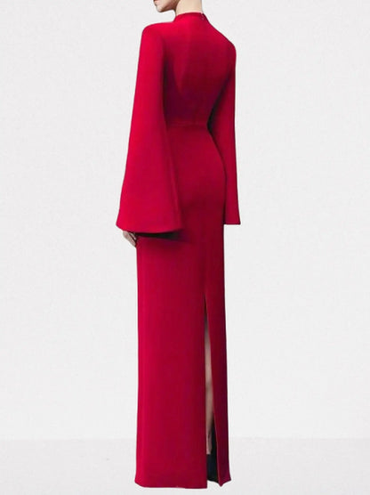 Red Long-Sleeve Gown with Black Floral Beadwork - Dresses