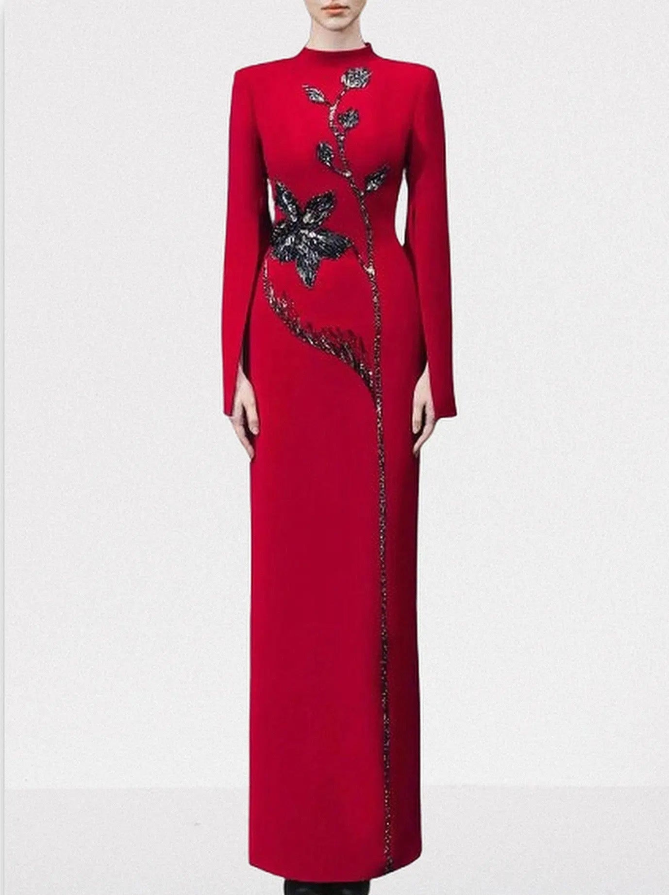 Red Long-Sleeve Gown with Black Floral Beadwork - Dresses