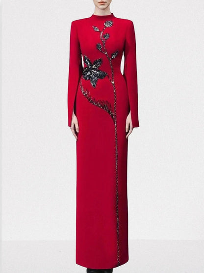 Red Long-Sleeve Gown with Black Floral Beadwork - Dresses