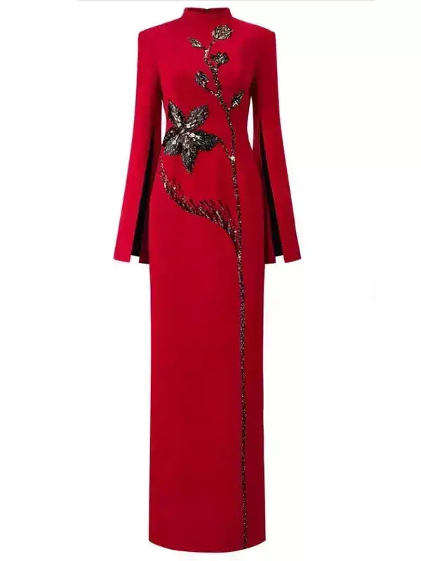 Red Long-Sleeve Gown with Black Floral Beadwork - Dresses