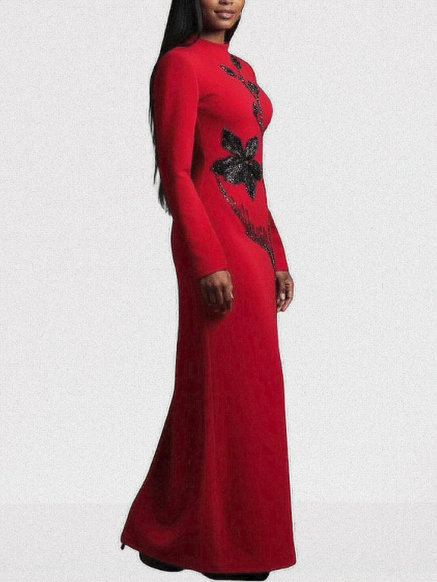 Red Long-Sleeve Gown with Black Floral Beadwork - Dresses