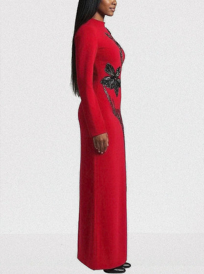 Red Long-Sleeve Gown with Black Floral Beadwork - Dresses