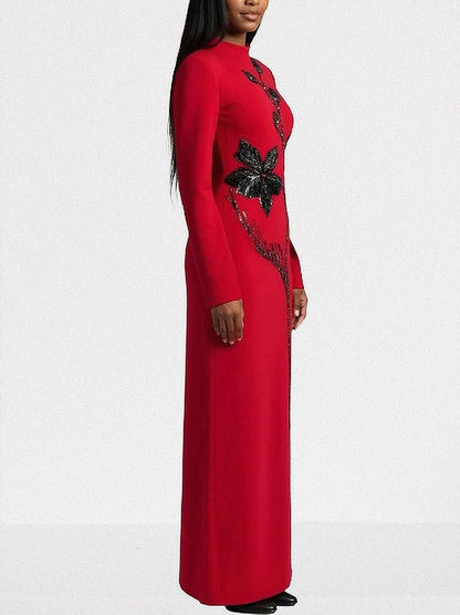 Red Long-Sleeve Gown with Black Floral Beadwork - Dresses