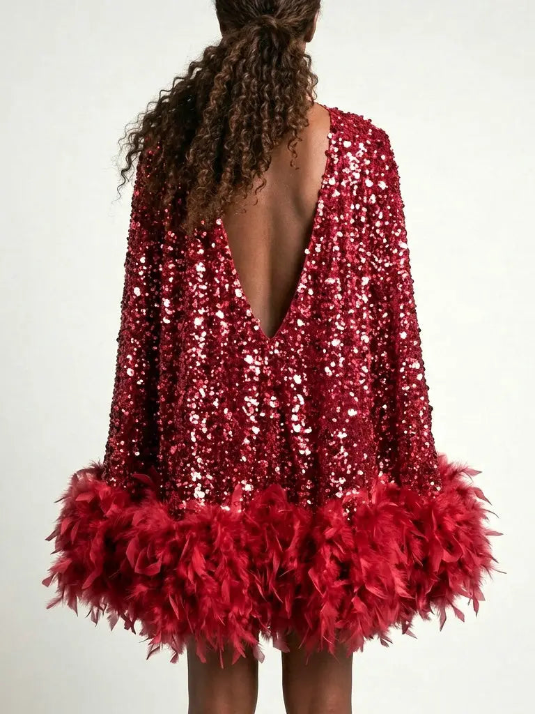 Red Paillette Feather Trim Shift Mini Dress - Dresses