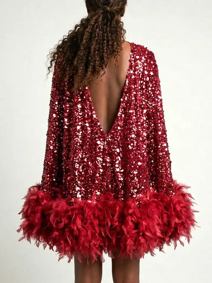 Red Paillette Feather Trim Shift Mini Dress - Dresses