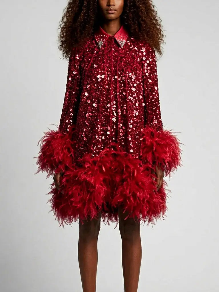 Red Paillette Feather Trim Shift Mini Dress - Dresses