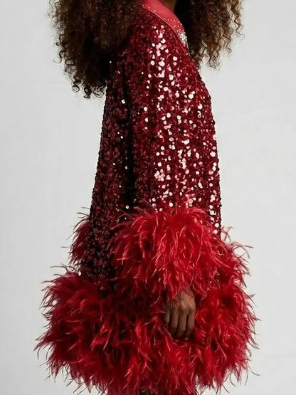 Red Paillette Feather Trim Shift Mini Dress - Dresses