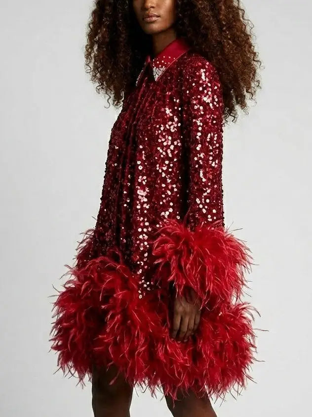 Red Paillette Feather Trim Shift Mini Dress - Dresses
