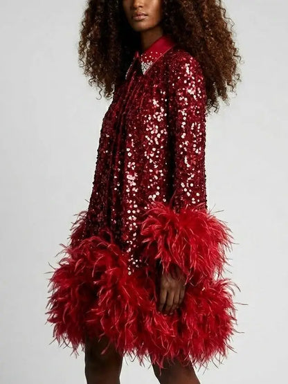 Red Paillette Feather Trim Shift Mini Dress - Dresses