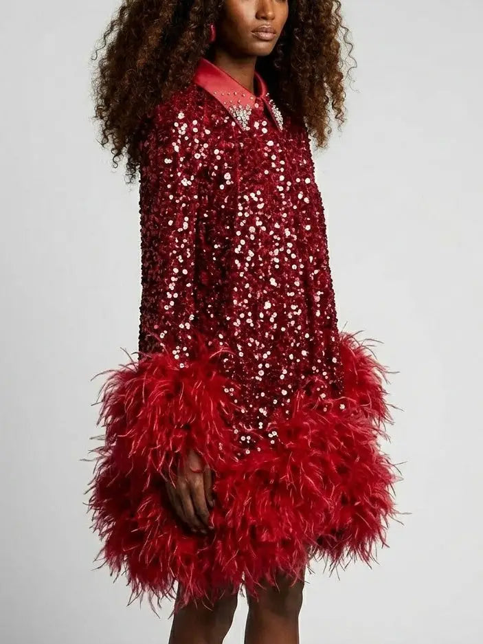 Red Paillette Feather Trim Shift Mini Dress - Dresses