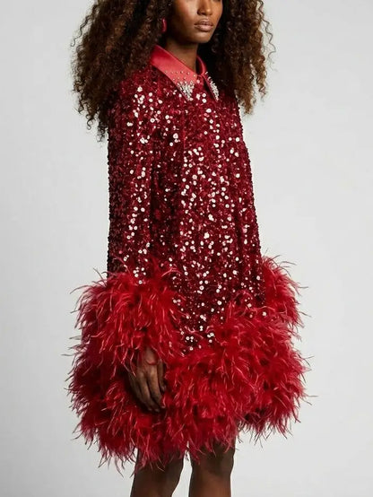Red Paillette Feather Trim Shift Mini Dress - Dresses