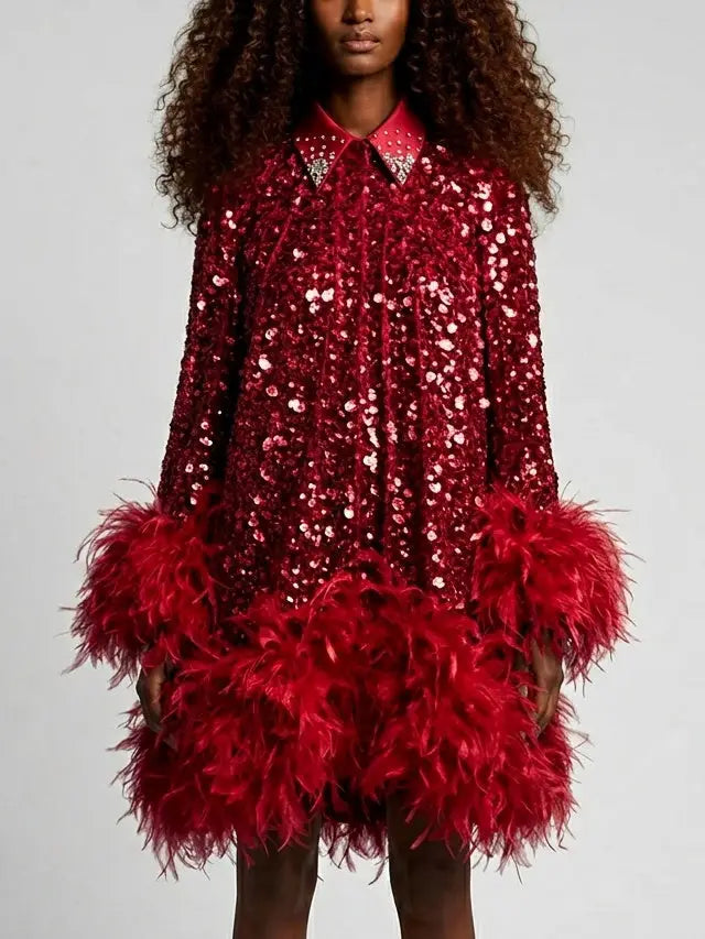 Red Paillette Feather Trim Shift Mini Dress