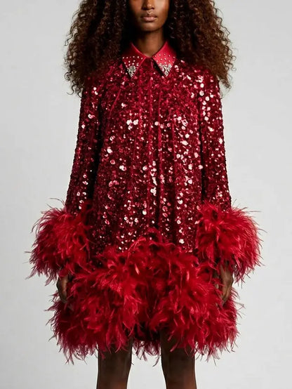Red Paillette Feather Trim Shift Mini Dress - Dresses