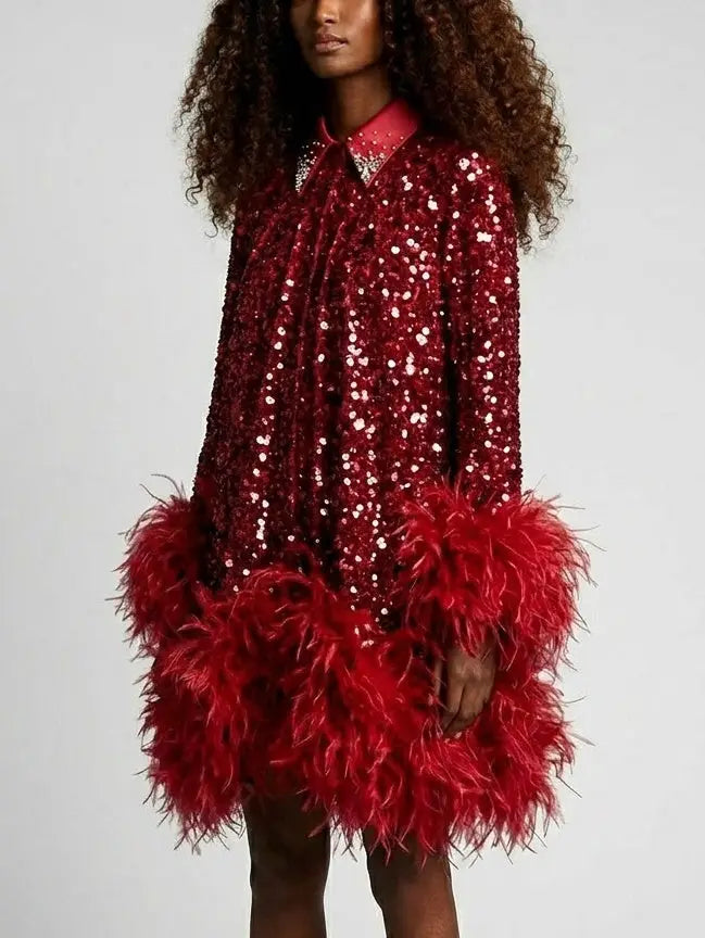 Red Paillette Feather Trim Shift Mini Dress - Dresses