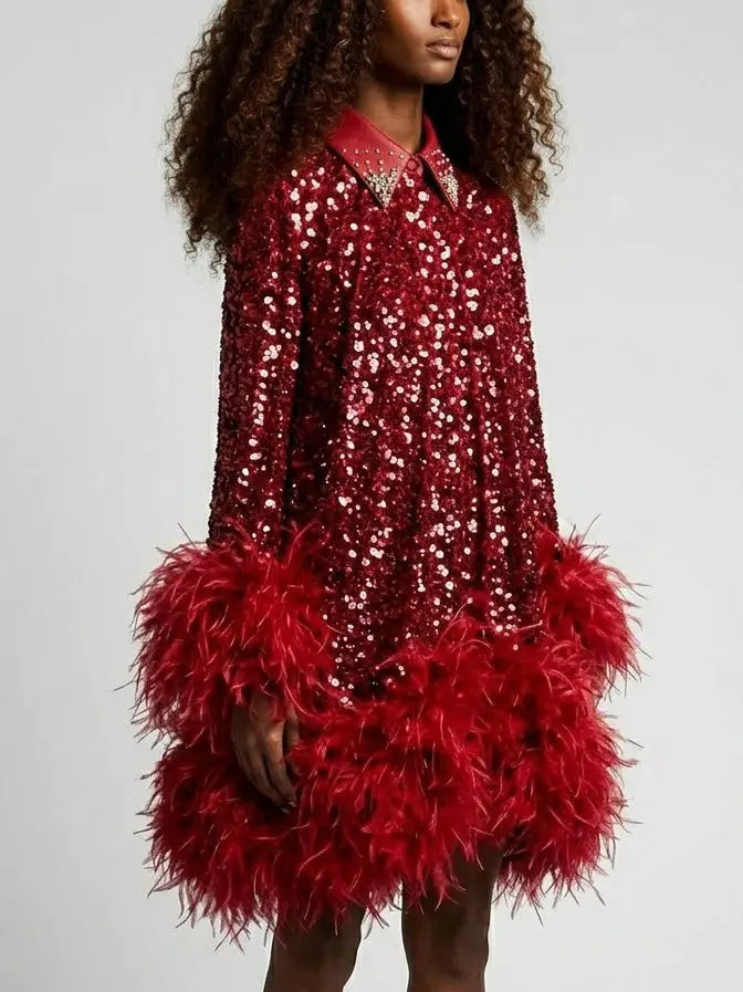 Red Paillette Feather Trim Shift Mini Dress - Dresses