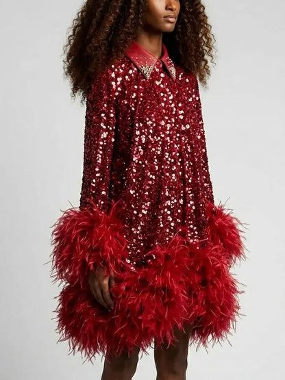Red Paillette Feather Trim Shift Mini Dress - Dresses