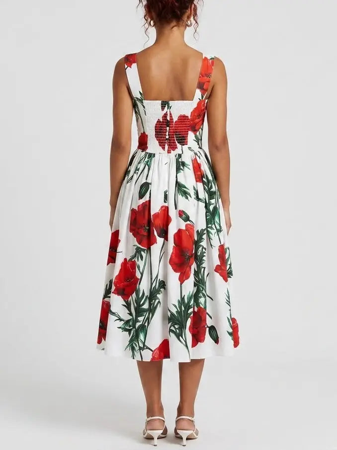 Red Poppy Print Bustier Cotton Dress - Dresses