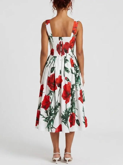 Red Poppy Print Bustier Cotton Dress - Dresses
