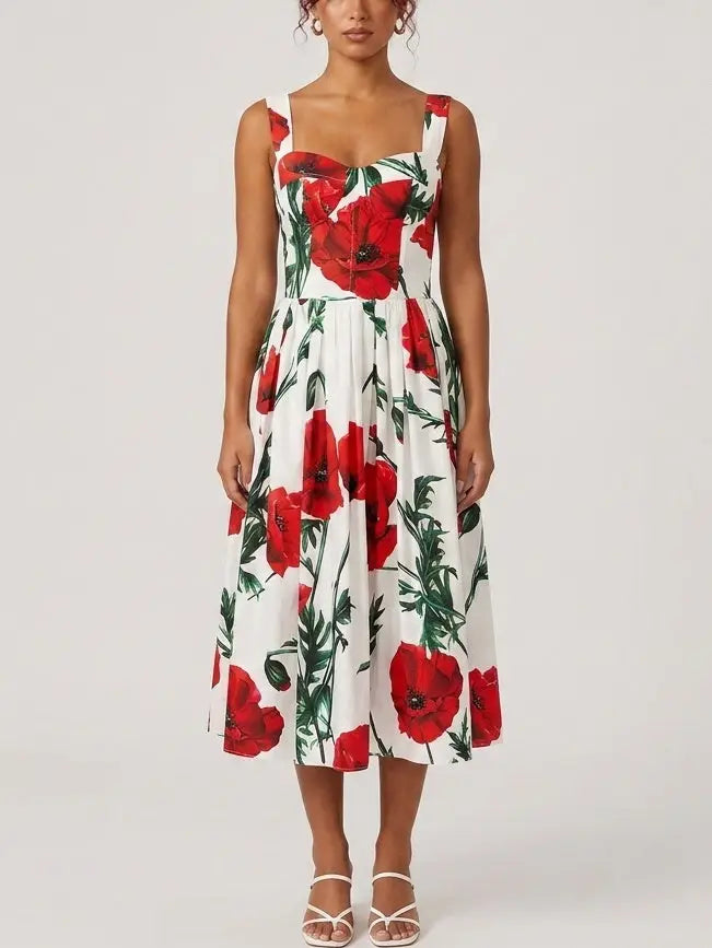 Red Poppy Print Bustier Cotton Dress - Dresses