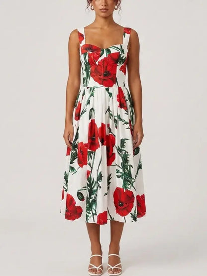 Red Poppy Print Bustier Cotton Dress - Dresses